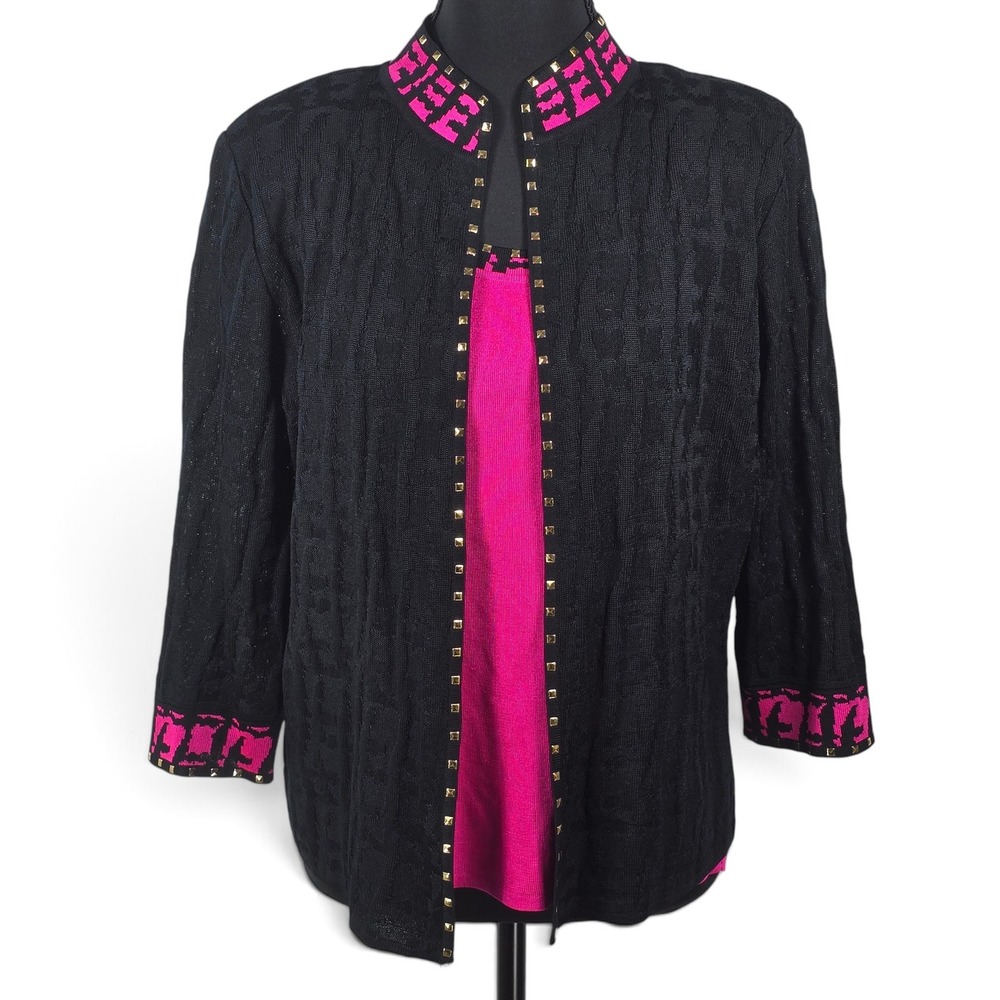 Ming Wang 2-Piece Set Women M/L Cardigan Shell Black Pink Studded Knit EUC Retro